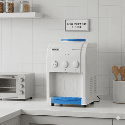 Usha Instafresh electronic water dispenser with high-grade plastic body and dual faucets.