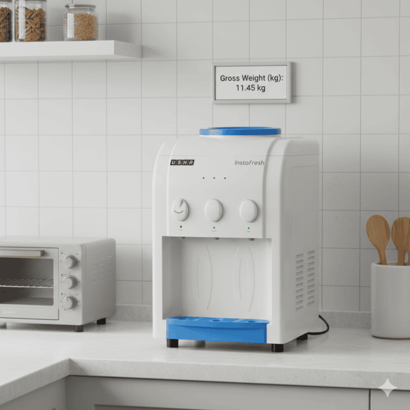 Usha Instafresh electronic water dispenser with high-grade plastic body and dual faucets.