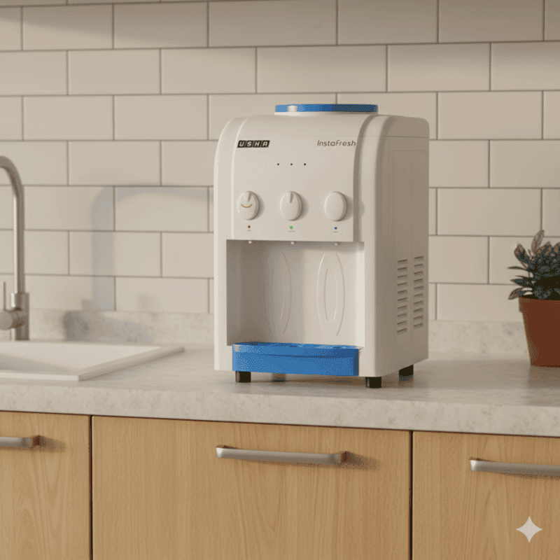 Usha Instafresh water dispenser placed on a modern kitchen counter next to a glass.