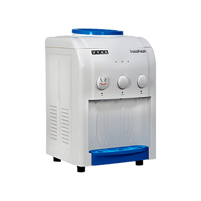 Compact white Usha Instafresh tabletop water dispenser with hot and cold faucets.