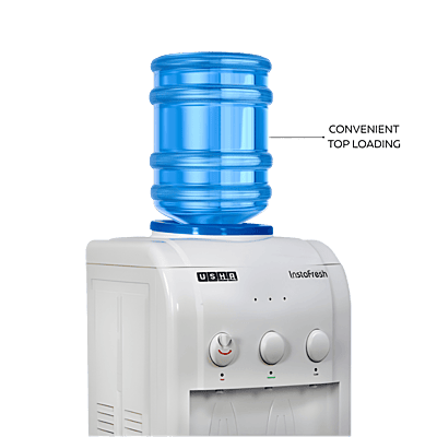 Top-loading Usha Instafresh water dispenser with a 20-liter water bottle attached.