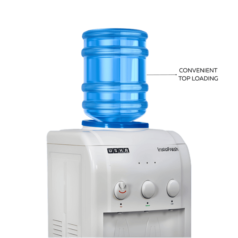 Top-loading Usha Instafresh water dispenser with a 20-liter water bottle attached.