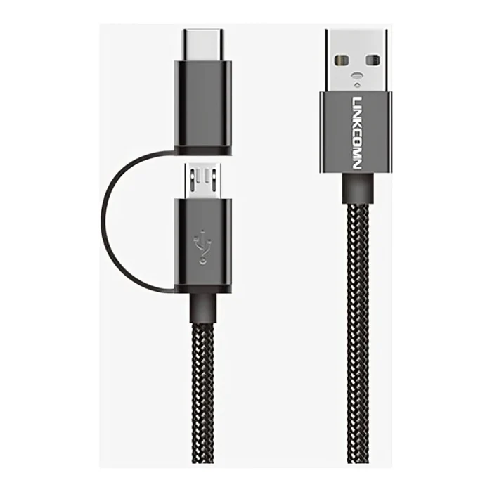 USB-A to Micro USB/USB-C 2-in-1 Cable, Nylon Braided, 1m - KI 820C