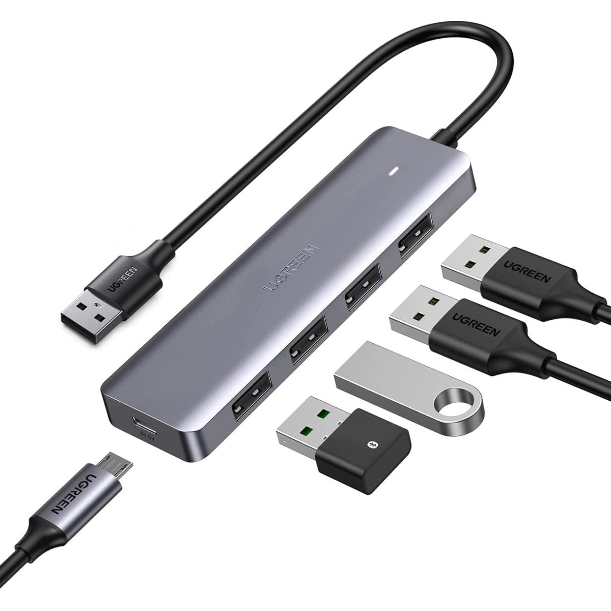 Ugreen CM219 4-Port USB 3.0 Hub - Micro USB Powered, Slim Design