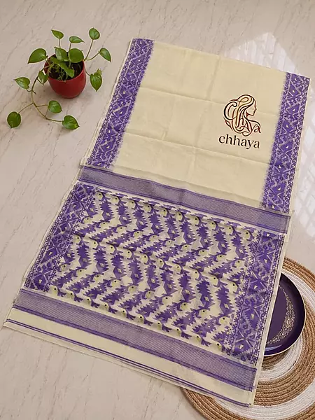 Traditional Soft Jamdani Saree in Off WhitE Blue Print