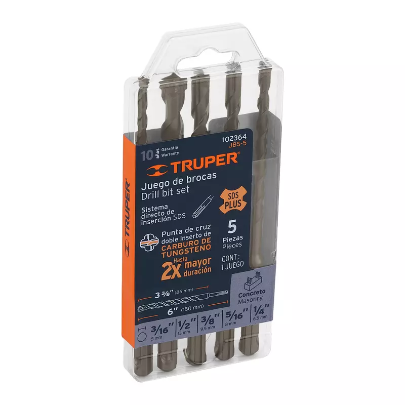 Juego de 5 brocas para concreto SDS Plus, Truper, 102364 - JBS-5
