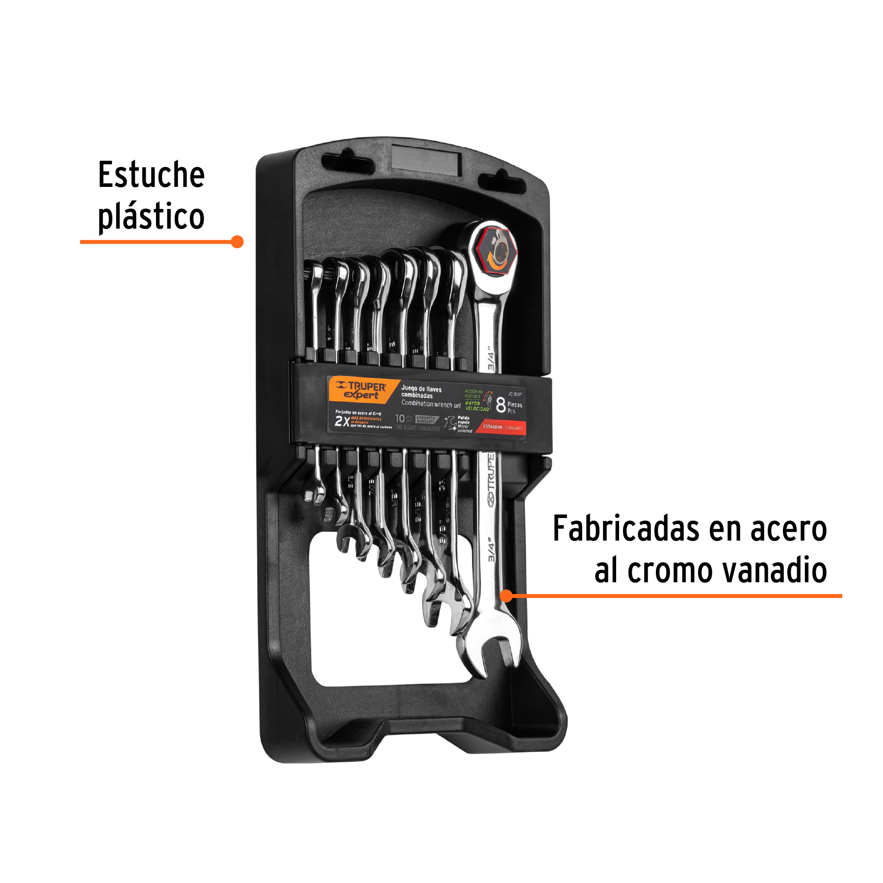 Juego de 8 llaves combinadas std pulidas con matraca, Expert - JC-8XP / 15817