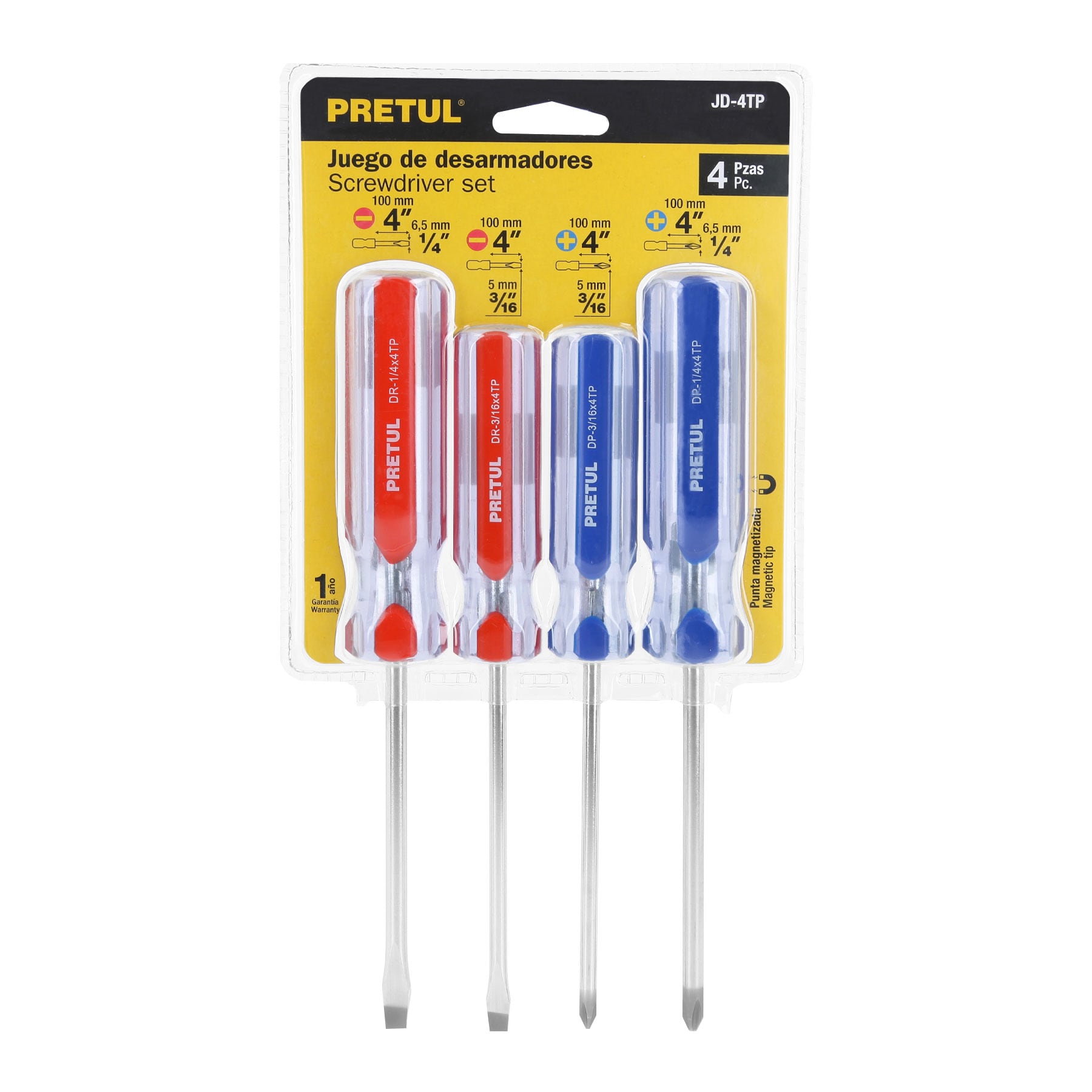 Juego de desarmadores, 4 piezas, mango PVC, Pretul - JD-4TP / 20212