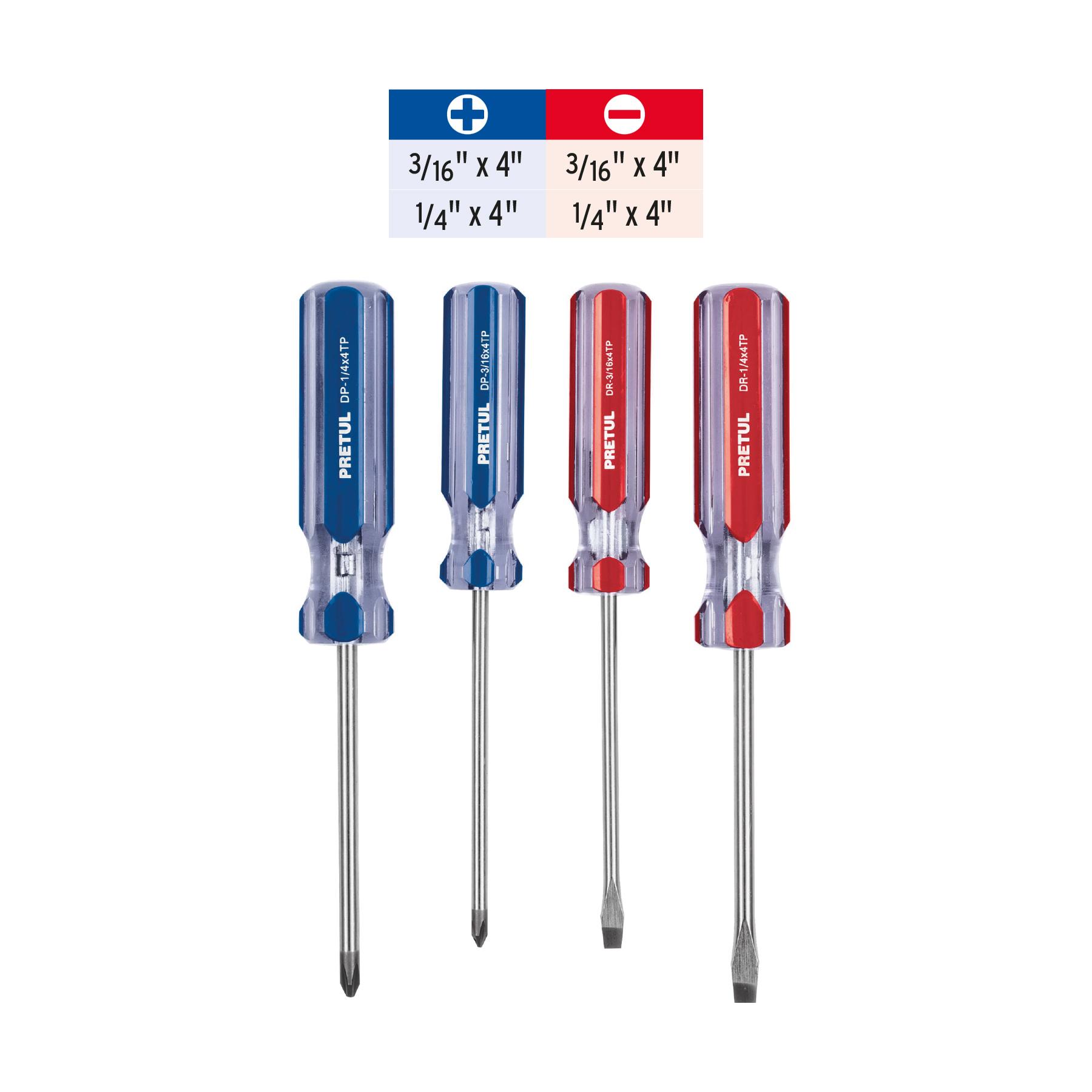 Juego de desarmadores, 4 piezas, mango PVC, Pretul - JD-4TP / 20212