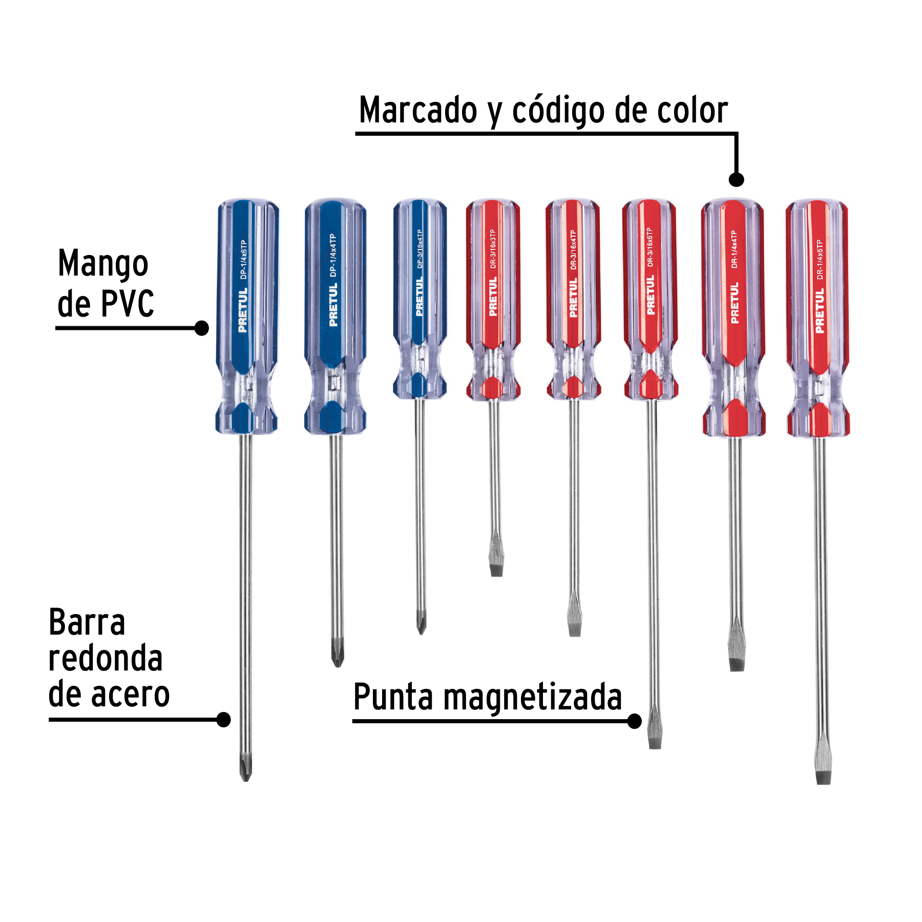 Juego de 8 desarmadores mango de PVC, Pretul - JD-8TP / 20213