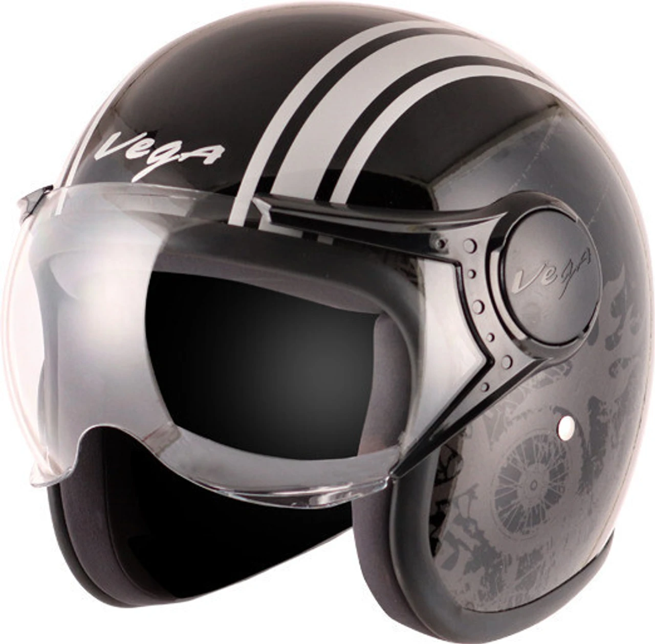 VEGA JET W/VISOR OLD SCHOOL DULL BLACK SILVER C/V (L) VEGA JET W/VISOR OLD SCHOOL DULL BLACK SILVER C/V (L)