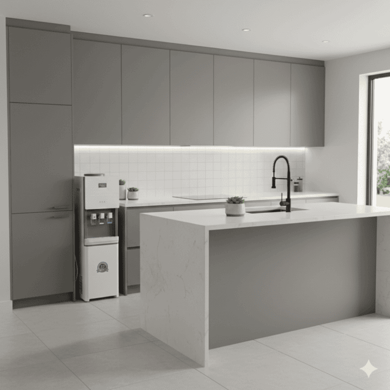 Compact and stylish Atlantis Jumbo Plus water dispenser standing tall in a modern kitchen setting.