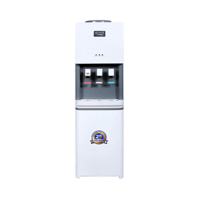 Front view of the Atlantis Jumbo Plus floor standing water dispenser showing three easy-push taps.