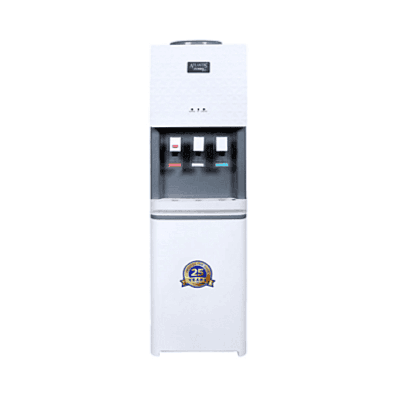 Front view of the Atlantis Jumbo Plus floor standing water dispenser showing three easy-push taps.