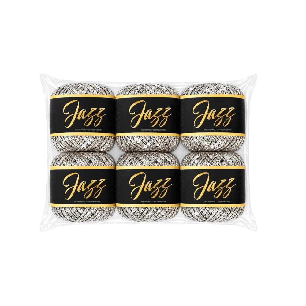 Jazz Hilo Poliester con Lentejuelas Metalizado Plateado Paquete x 6 Ovillos x 50G