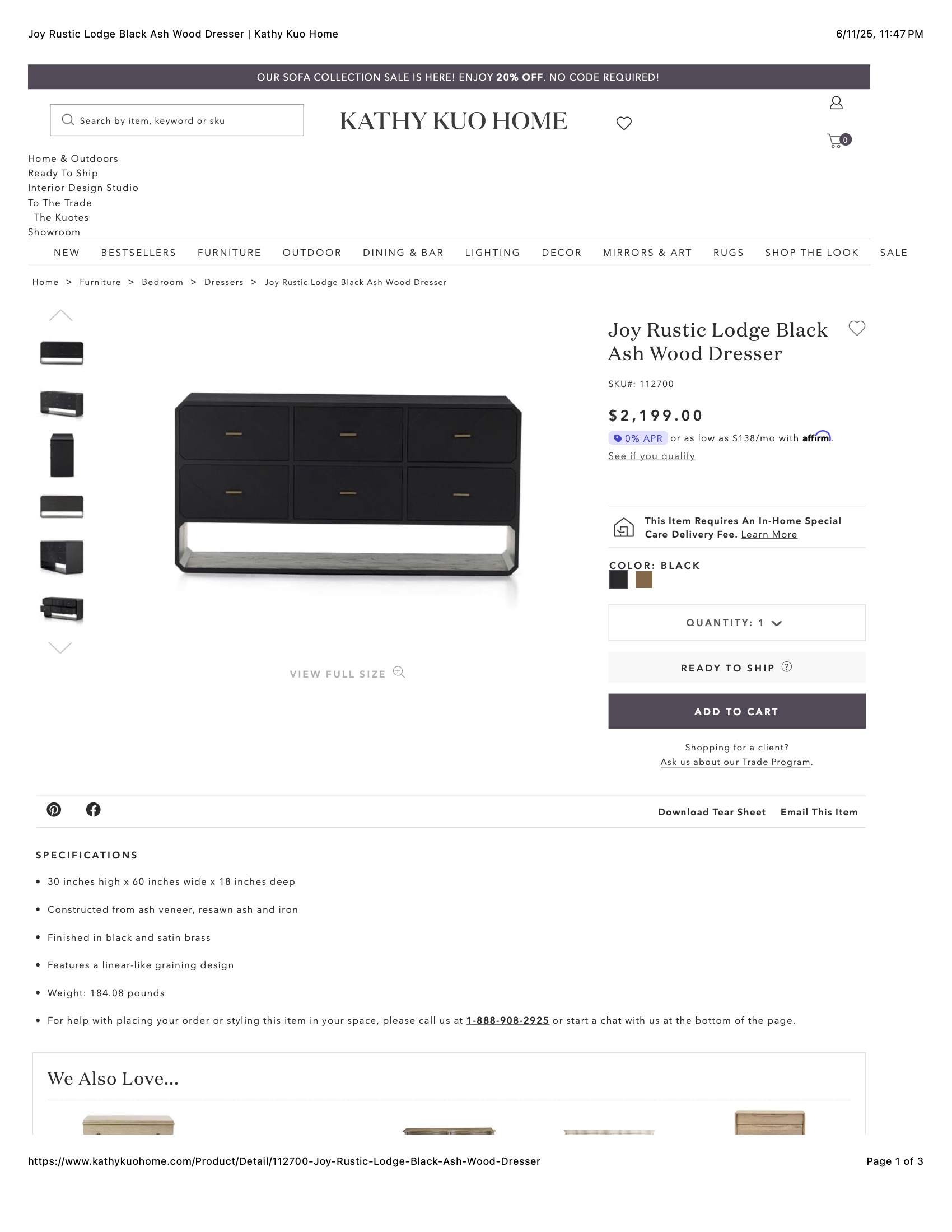 Joy Rustic Lodge Black Ash Wood Dresser