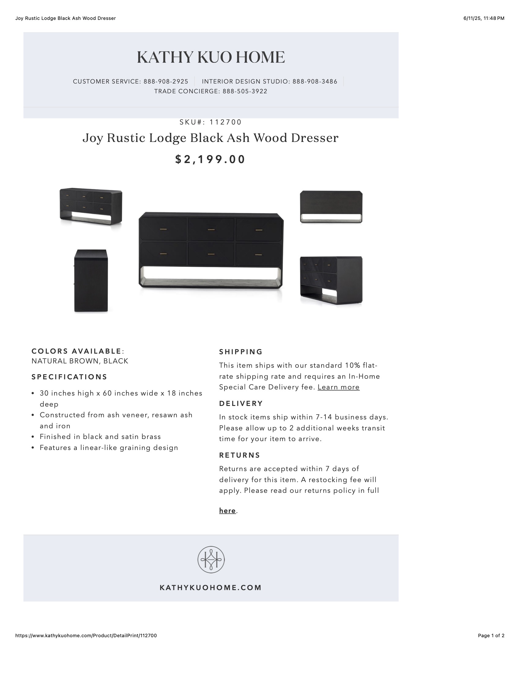 Joy Rustic Lodge Black Ash Wood Dresser