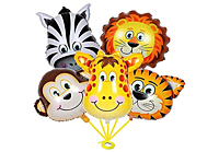 Jungle Safari Foil Balloons - (Pack of 5) Animal Faces (Lion, Tiger, Zebra, Monkey, Giraffe) for Kids Birthday Decoration, Jungle Theme Backdrop, Baby Shower, School Events