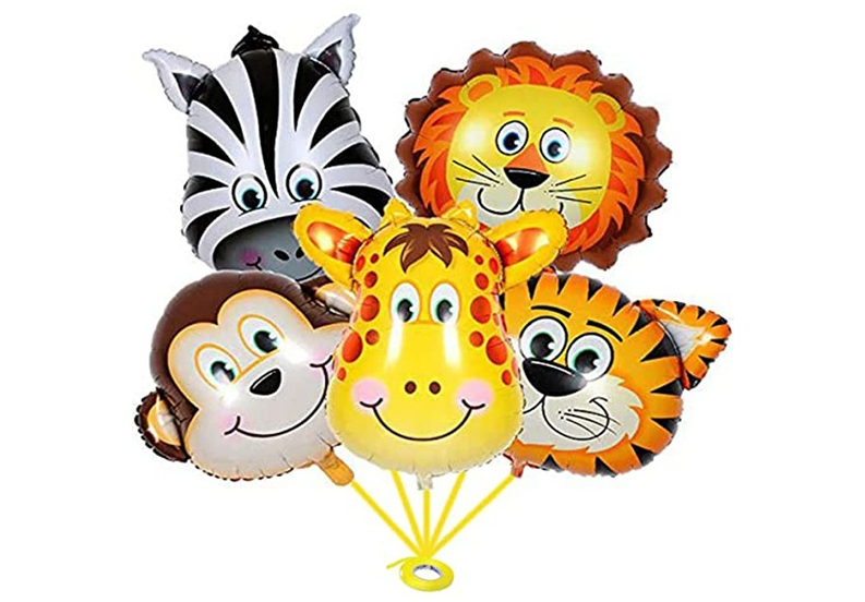 Jungle Safari Foil Balloons - (Pack of 5) Animal Faces (Lion, Tiger, Zebra, Monkey, Giraffe) for Kids Birthday Decoration, Jungle Theme Backdrop, Baby Shower, School Events