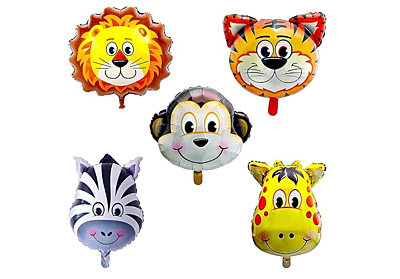 Jungle Safari Foil Balloons - (Pack of 5) Animal Faces (Lion, Tiger, Zebra, Monkey, Giraffe) for Kids Birthday Decoration, Jungle Theme Backdrop, Baby Shower, School Events