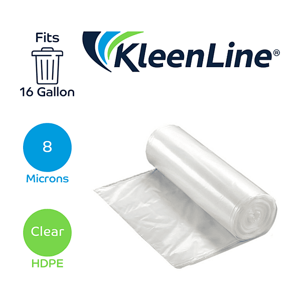Kleenline 12-16 Gallon Can Liner, 24" x 33" x 8 MIC, Clear, 20 Rolls of 50 Liners | 1000/Case