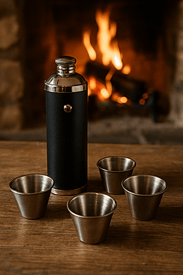 Sportsman Flask with Tot Cups Black Leather/Stainless.2 ONLY SKU #: KM10f23B.