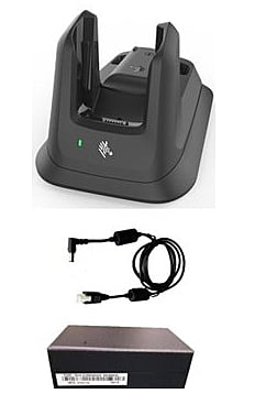 1-slot charging with USB cradle kit for MC3300/MC3300x/MC3300ax, MC3400/MC3450 device and its battery. Includes: PS PWR-BGA12V50W0WW , DC cable CBL-DC-388A1-01 . Sold separately: Micro-USB cable 25