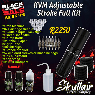 KVM Adjustable stroke Wireless Tattoo Pen machine Full Kit