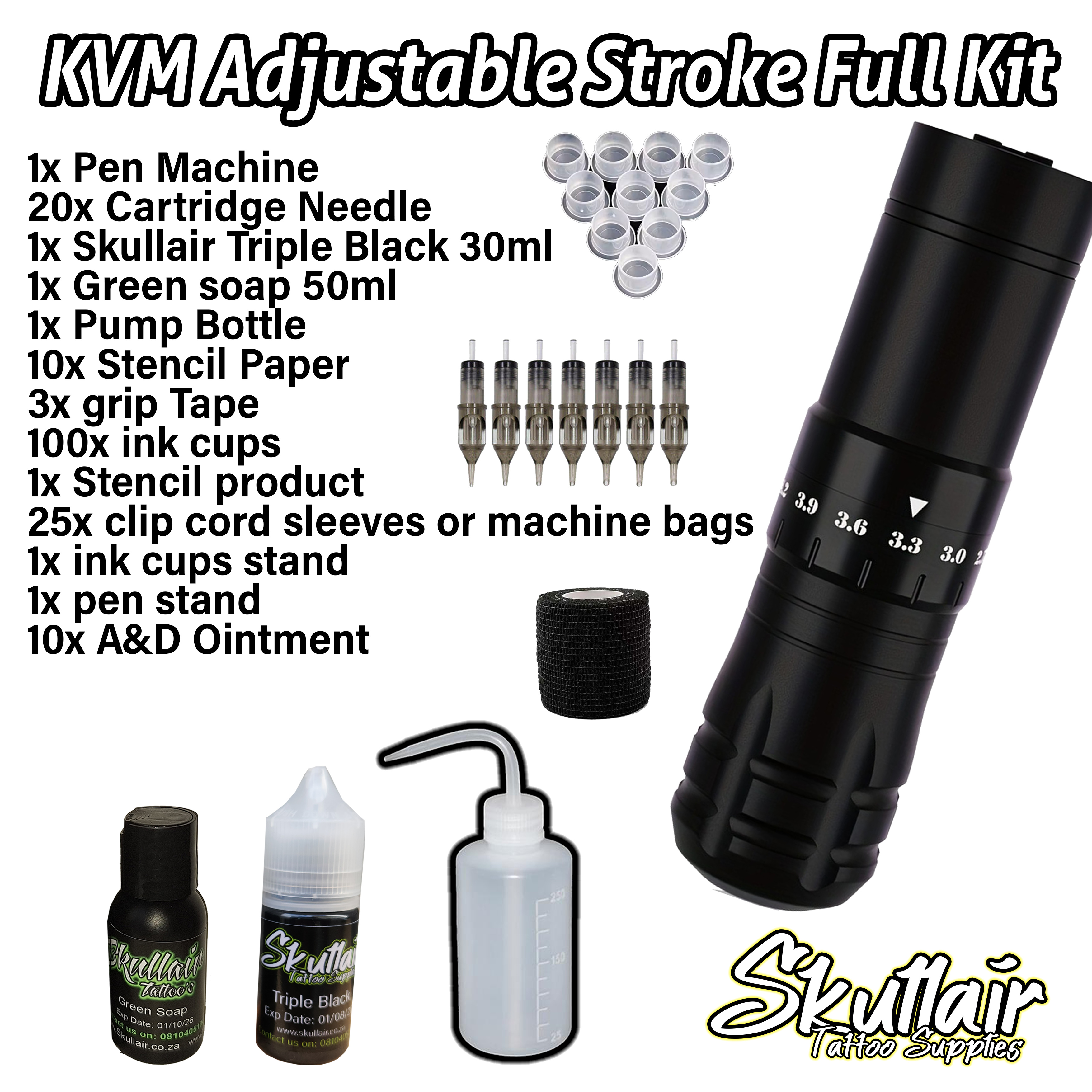 KVM Adjustable stroke Wireless Tattoo Pen machine Full Kit