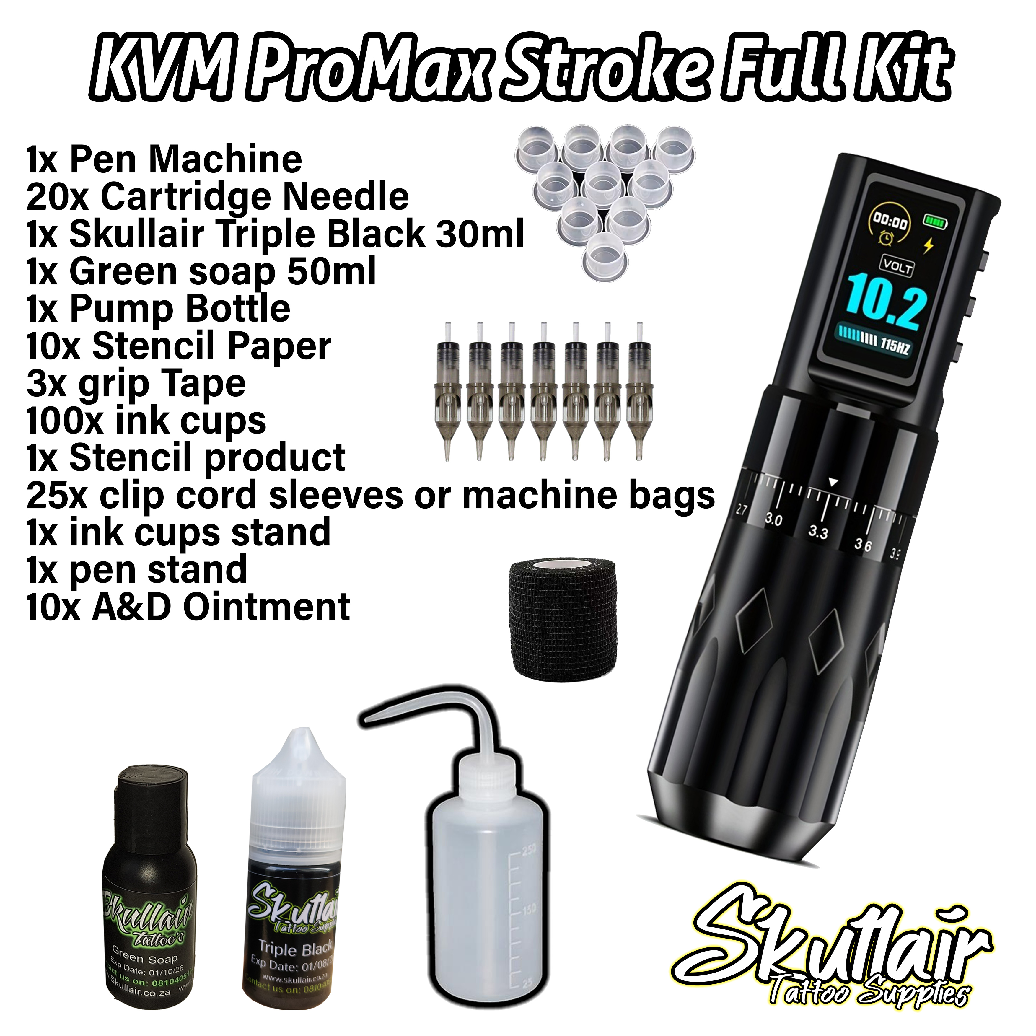 KVM Promax Adjustable wireless stroke length tattoo pen Full kit