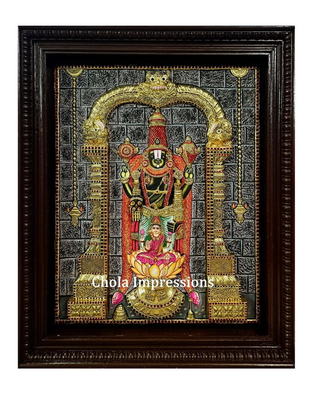 Super Embossed Statue-like Kalyana Balaji Pada Lakshmi Tanjore Painting - with American Diamonds