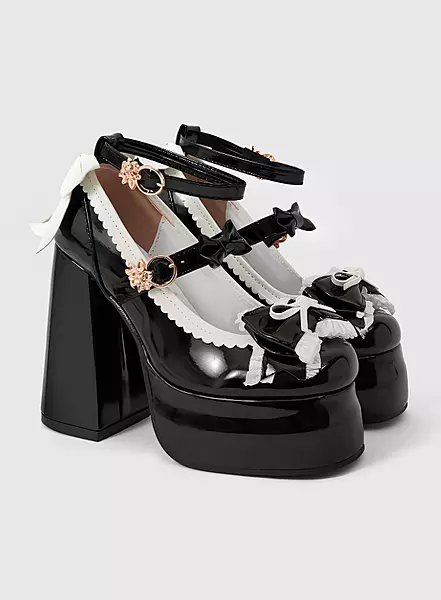 Kawaii Black & White High Heels Closed Toe Buckle Strap Mary Jane Lolita Goth Shoes Bow JK Japanese Shoes