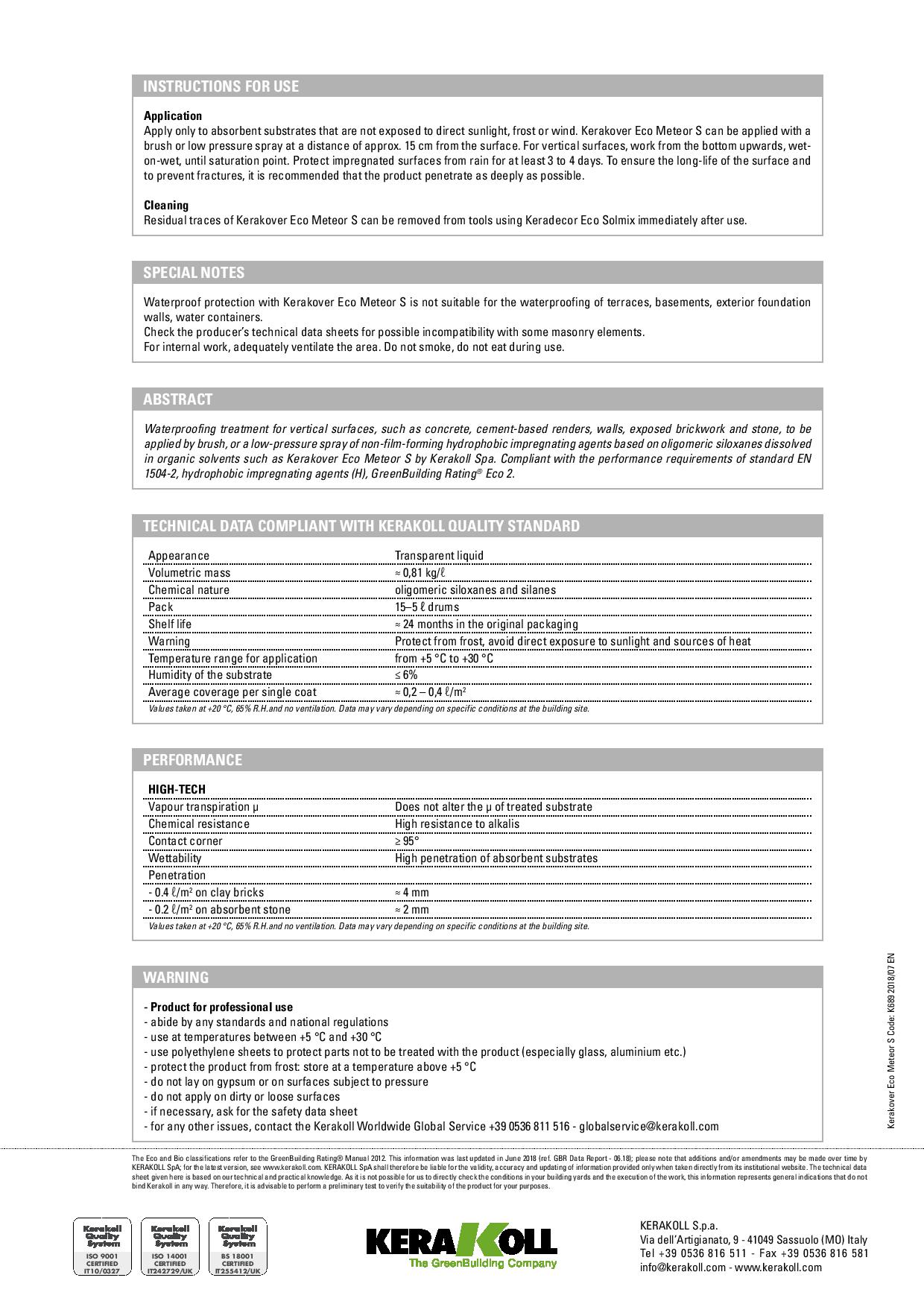 IMPREGNANT HIDROFUG KERAKOVER ECO METEOR S, 20012, 15l - kerakoll