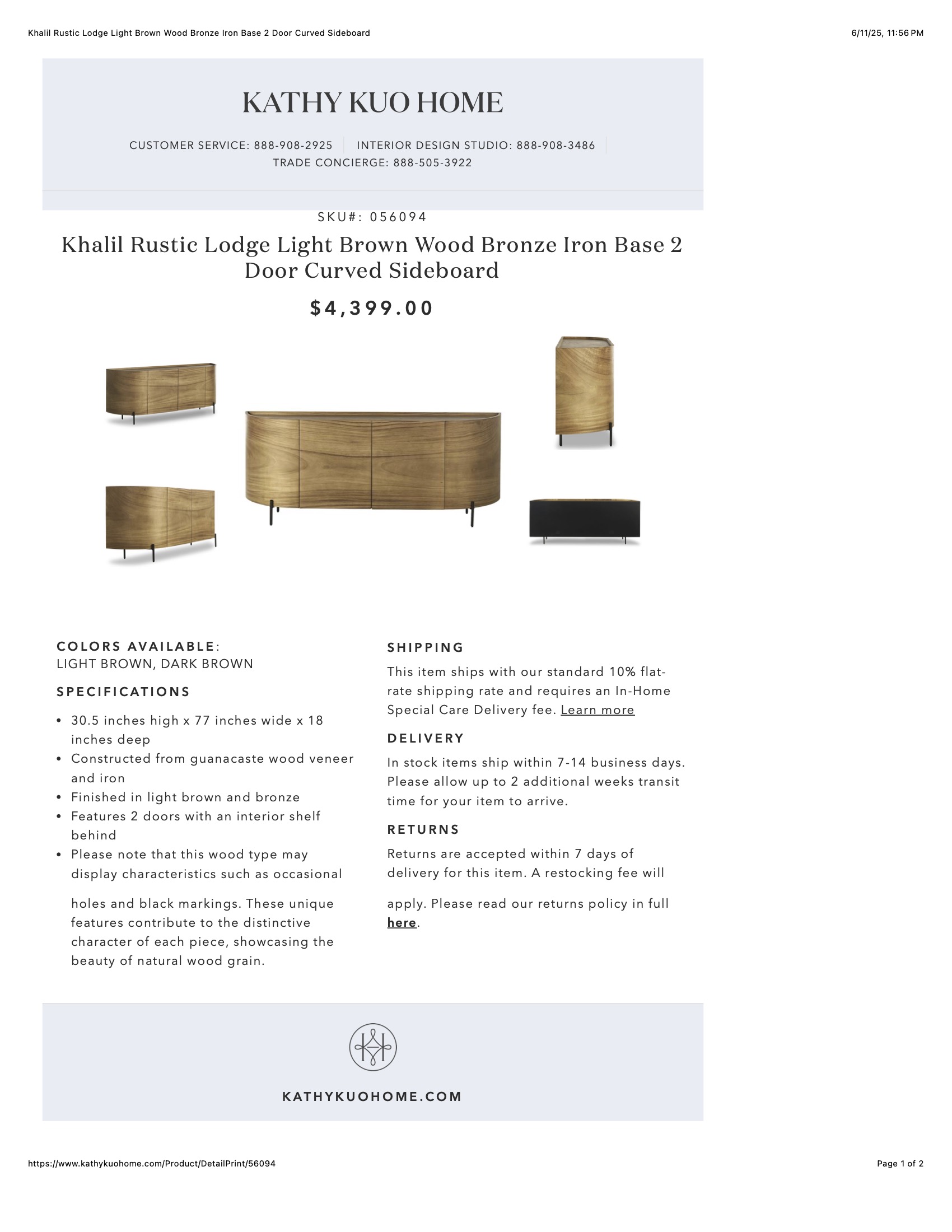 Khalil Rustic Lodge Light Brown Wood Bronze Iron Base 2 Door Curved Sideboard