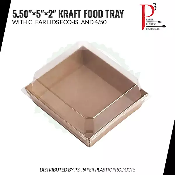 Eco-Island Kraft Food Tray 5.50"x5"x2" with clear lids Eco- Island 4/50