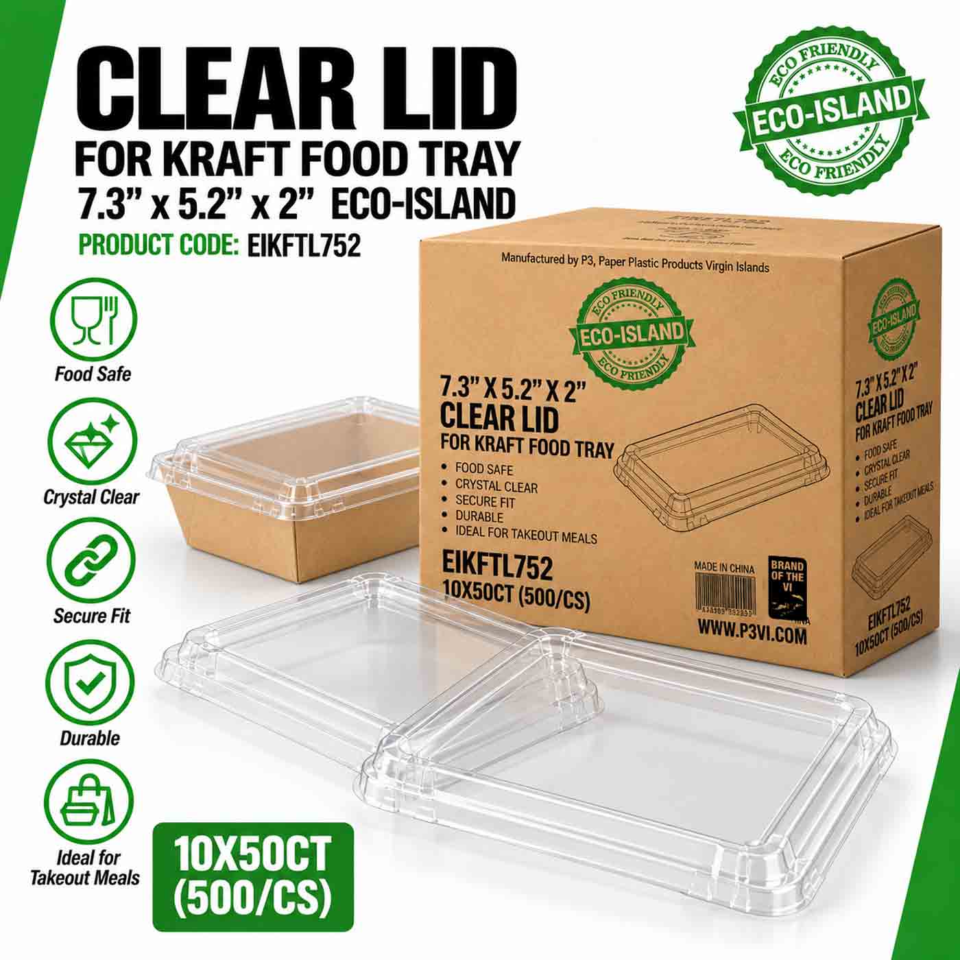 Kraft Food Tray 7.3" x 5.2" x 2" Clear Lid Eco-Island 10/50