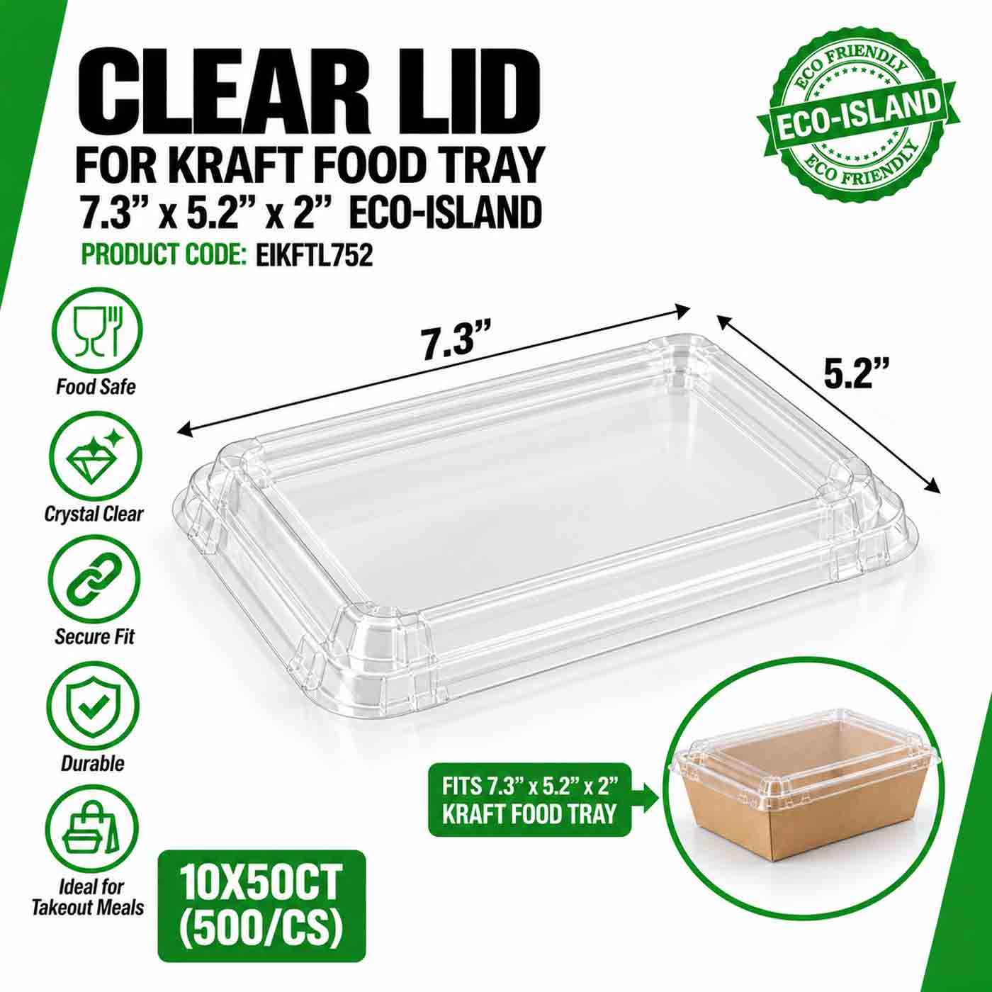 Kraft Food Tray 7.3" x 5.2" x 2" Clear Lid Eco-Island 10/50