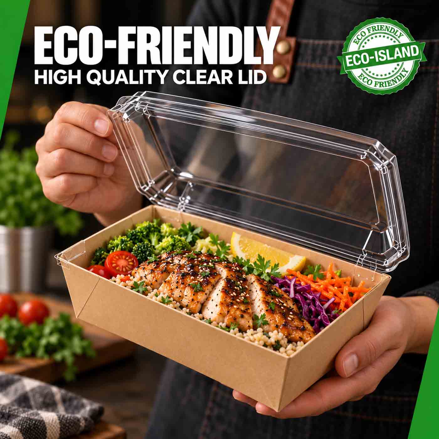 Kraft Food Tray 7.3" x 5.2" x 2" Clear Lid Eco-Island 10/50