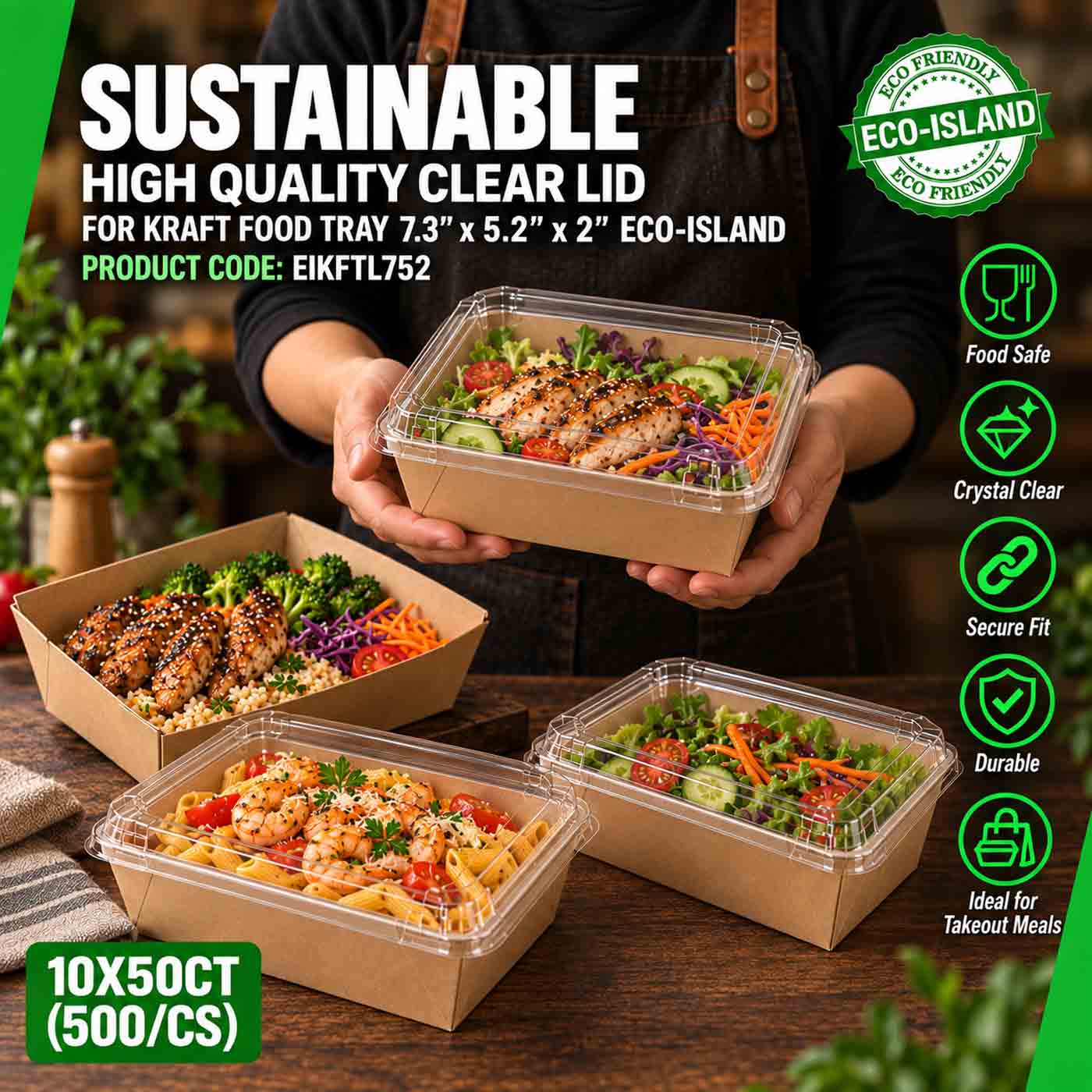 Kraft Food Tray 7.3" x 5.2" x 2" Clear Lid Eco-Island 10/50