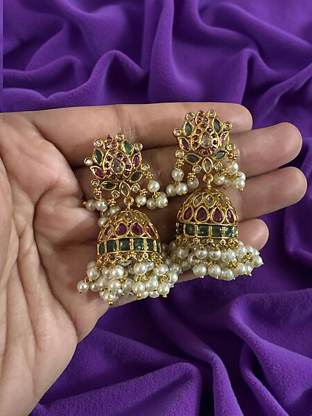 Traditional Kundan Lotus Jumkhas with Pearl bunch danglers