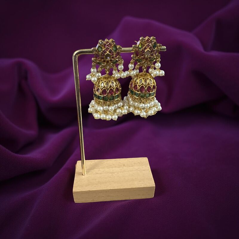 Traditional Kundan Lotus Jumkhas with Pearl bunch danglers