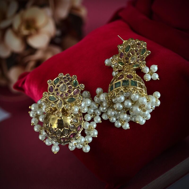 Traditional Kundan Lotus Jumkhas with Pearl bunch danglers
