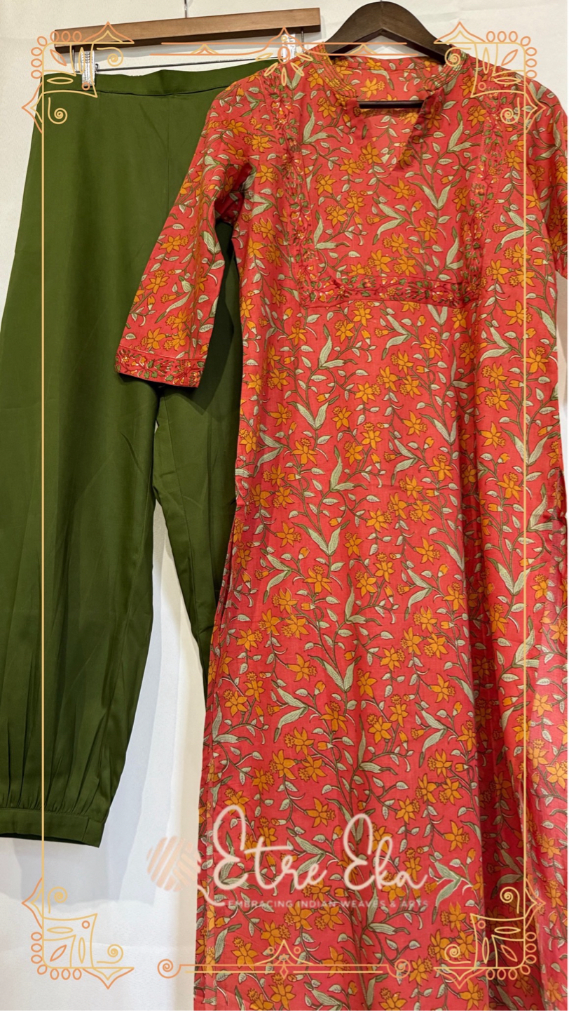 Sanganeri printed Muslin Kurti-Straight Kurti Set Brick Orange-Casual Wear- High Nexk