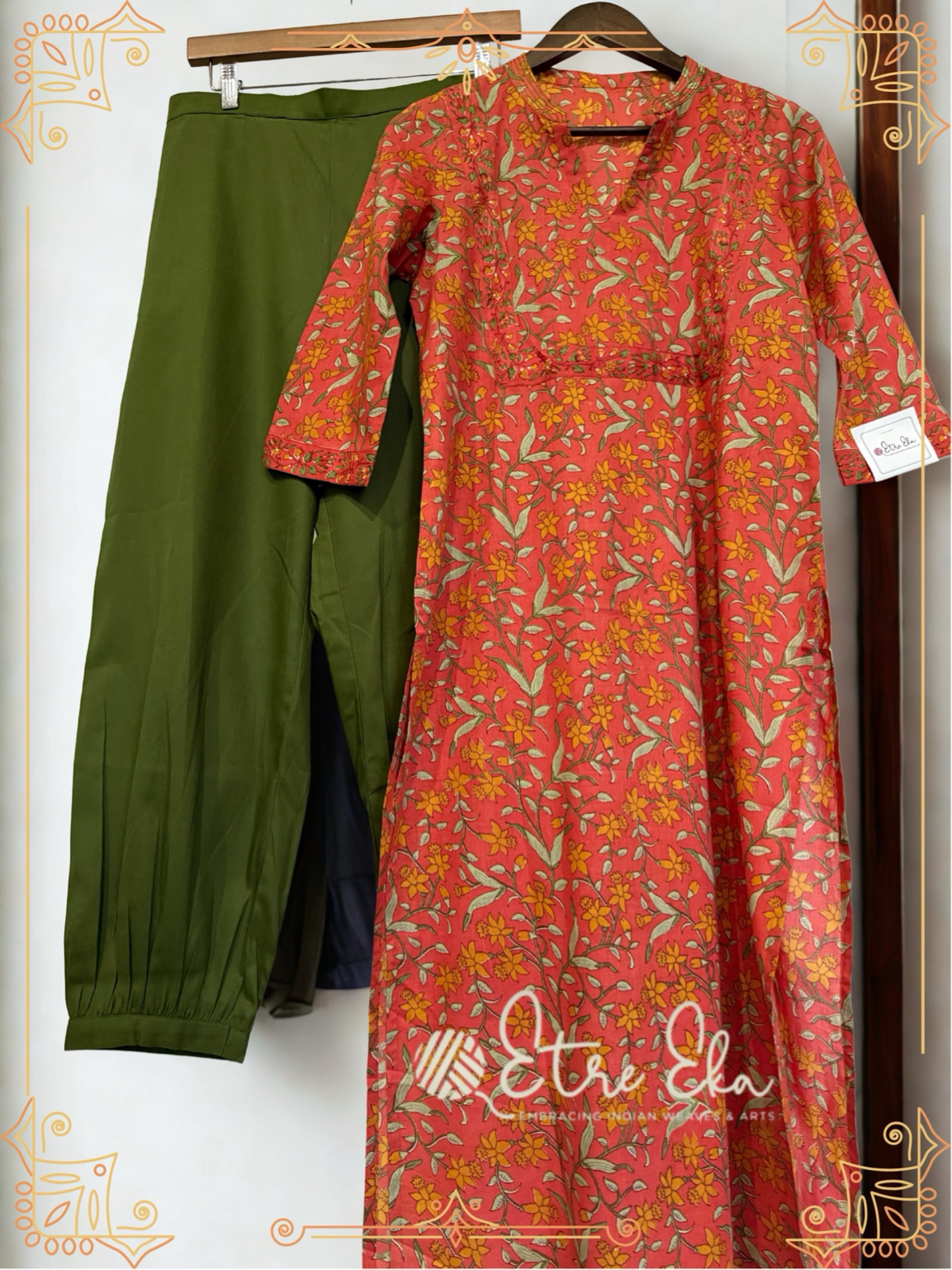 Sanganeri printed Muslin Kurti-Straight Kurti Set Brick Orange-Casual Wear- High Nexk