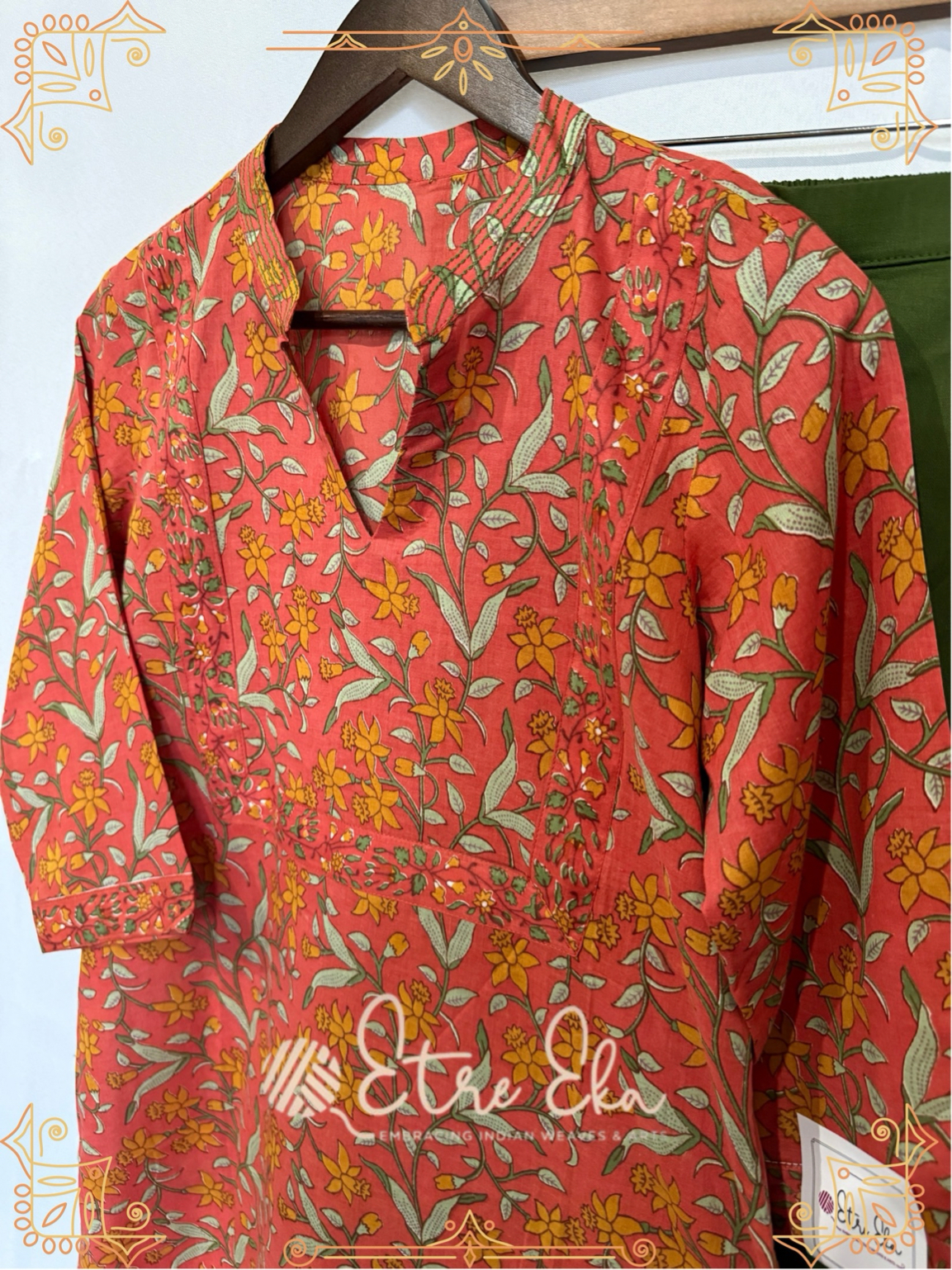 Sanganeri printed Muslin Kurti-Straight Kurti Set Brick Orange-Casual Wear- High Nexk