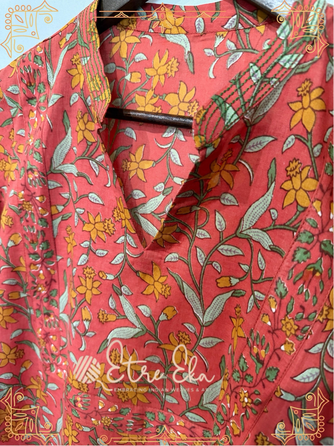 Sanganeri printed Muslin Kurti-Straight Kurti Set Brick Orange-Casual Wear- High Nexk