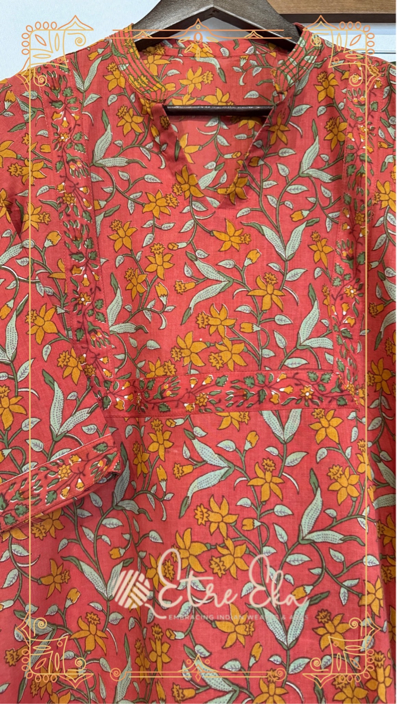Sanganeri printed Muslin Kurti-Straight Kurti Set Brick Orange-Casual Wear- High Nexk
