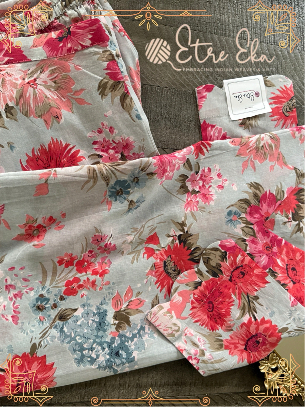 Muslin Kurti Set in Floral Print Pastel Blue and Pink- Unique Casual Wear