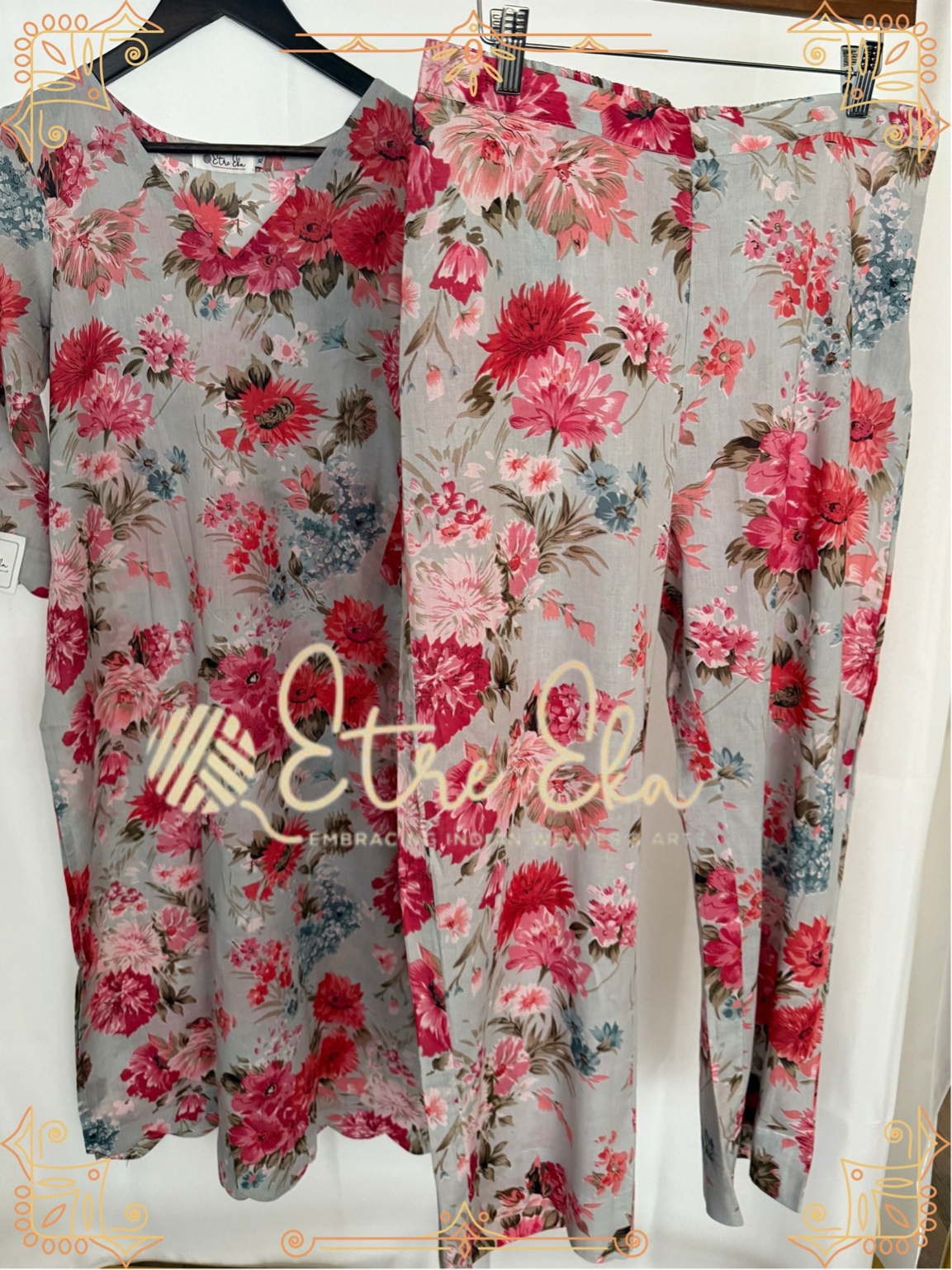 Muslin Kurti Set in Floral Print Pastel Blue and Pink- Unique Casual Wear