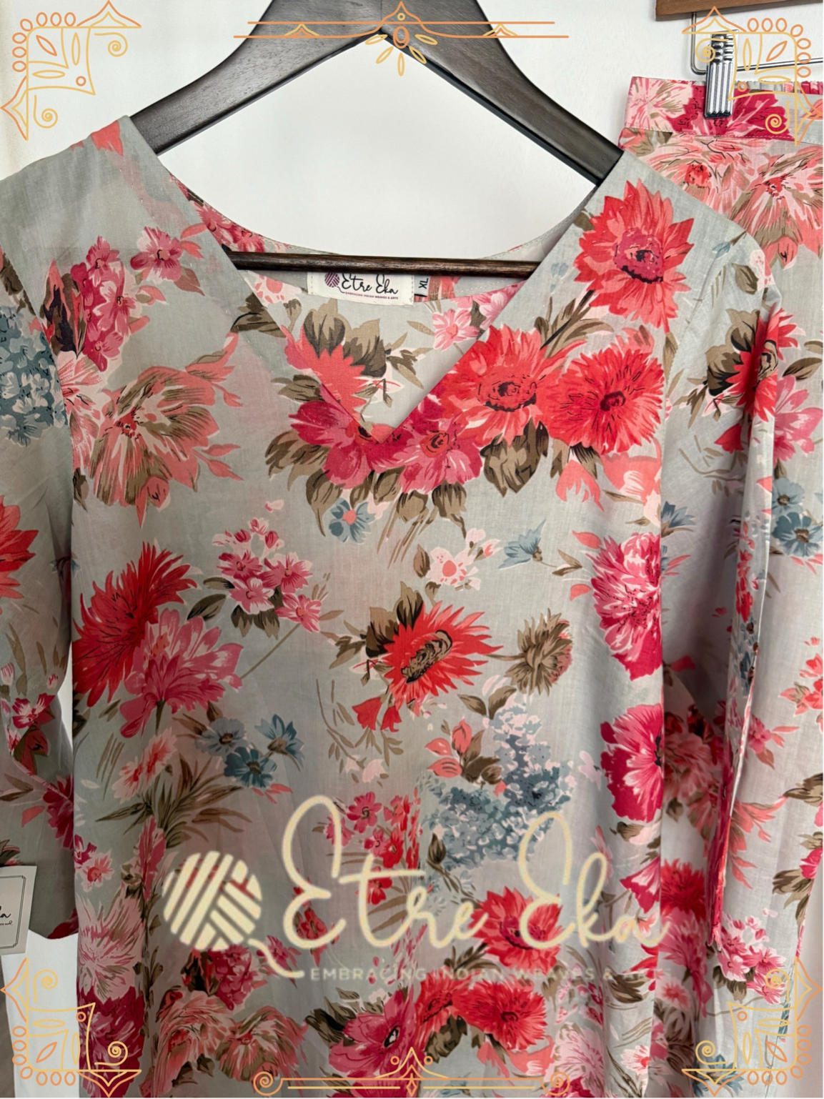 Muslin Kurti Set in Floral Print Pastel Blue and Pink- Unique Casual Wear